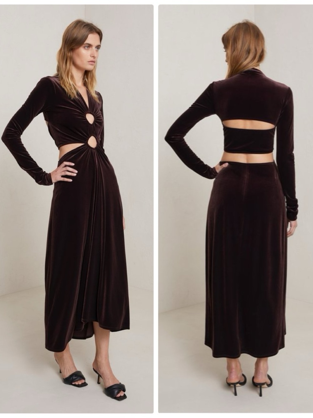 A.L.C. Maeve velvet velour keyhole cutout long sleeve midi dress Java vampy 2